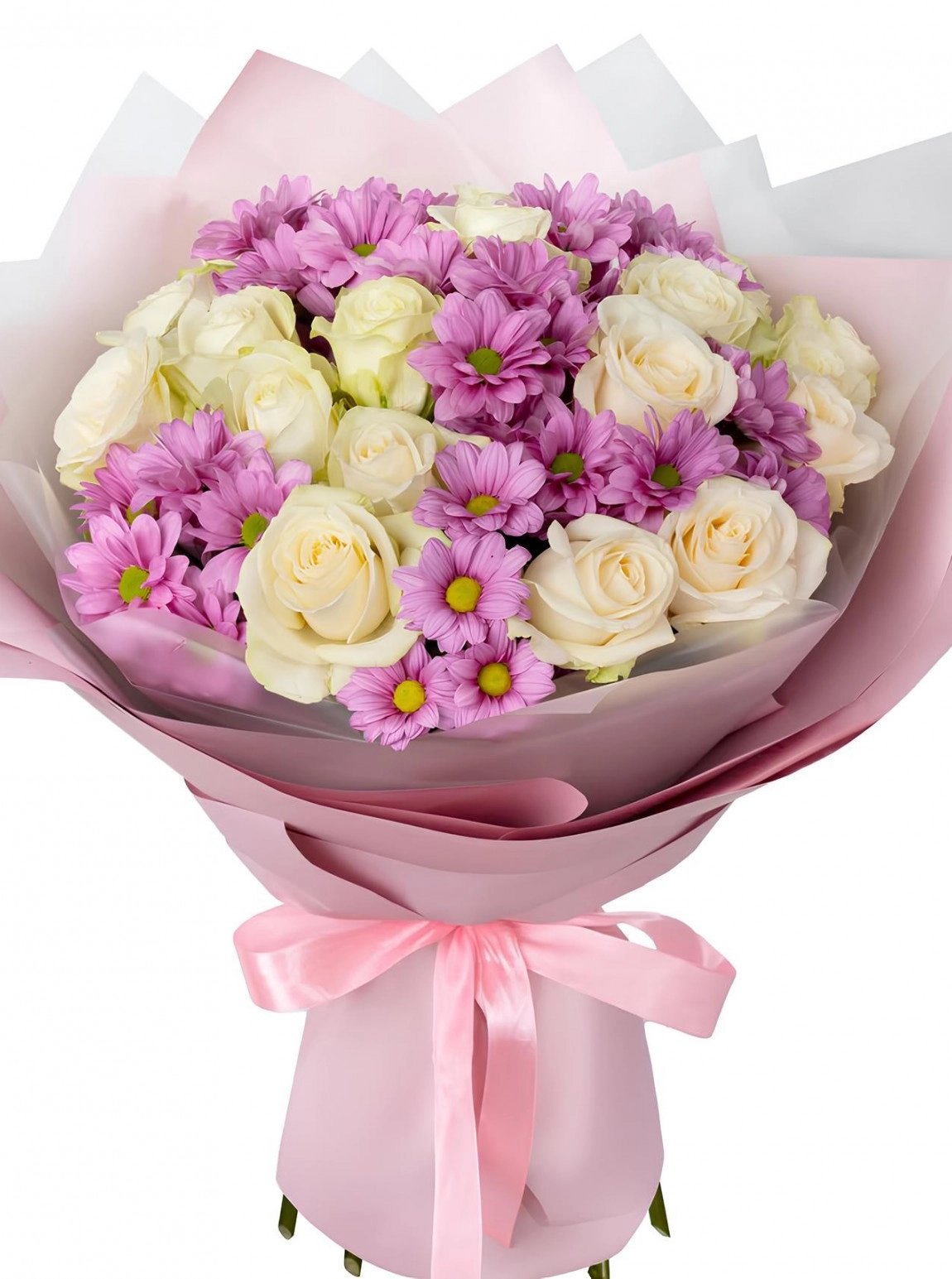 15 Beyaz Gül Ve Mor Papatya Buketi